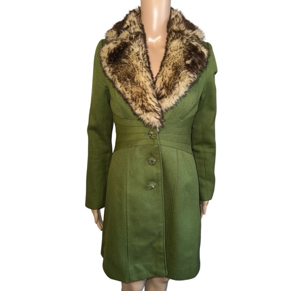 Y2K Penny Lane Pea Coat Faux Fur Collar Green Womens Sz S Mob Wife Button Hippie